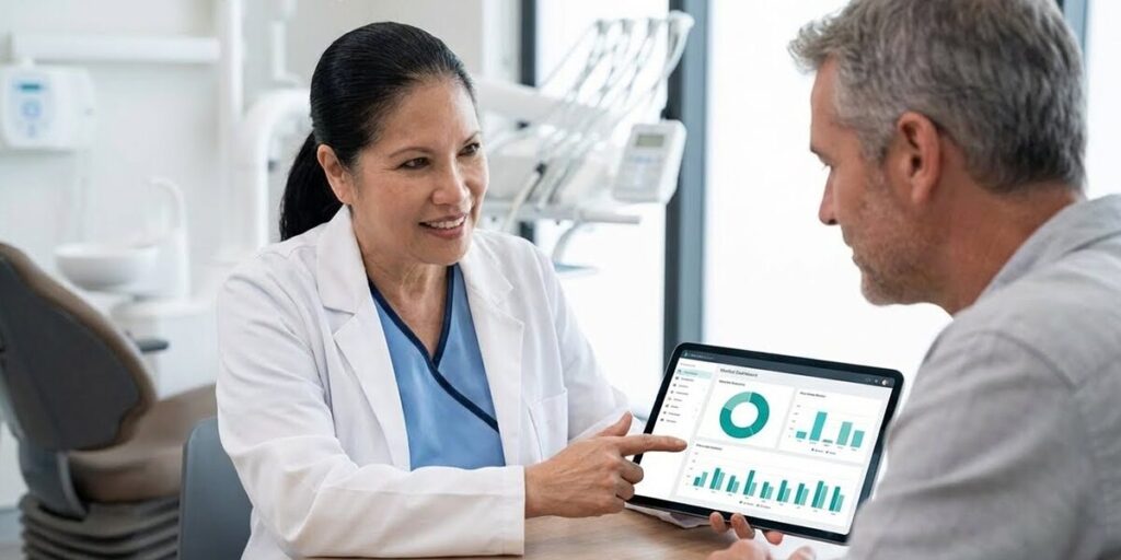 Dentist explaining cost of dental implants in Woodbridge VA