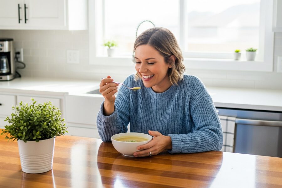 Dental implants recovery in Woodbridge VA patient eating soft food