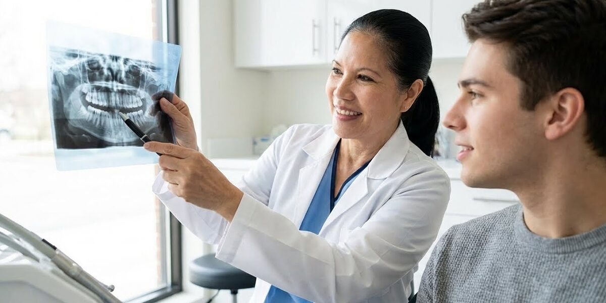 Dentist in Woodbridge VA reviewing wisdom teeth X-ray with patient