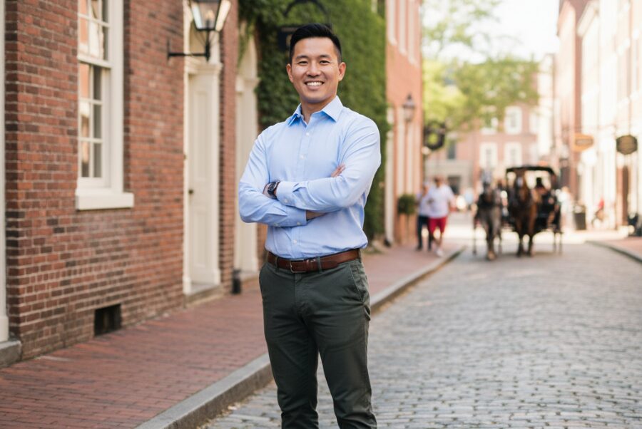 Person confidently smiling during a stroll in Old Town Alexandria