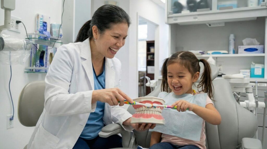 Pediatric dentist teaching child proper dental hygiene in Woodbridge VA