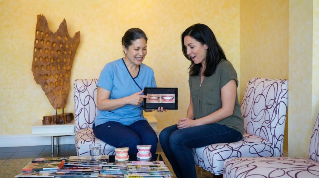 Experienced Woodbridge dentist explaining porcelain veneer treatment options