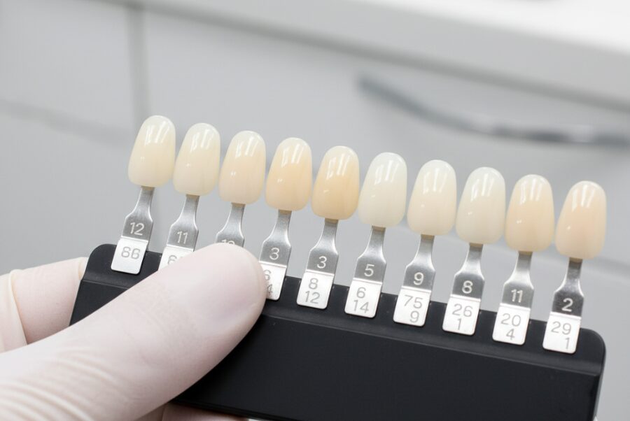 Close-up of veneer shade guide showing number of veneers required