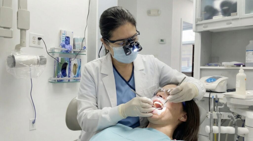 Dentist applying bonding resin to chipped tooth in Alexandria VA