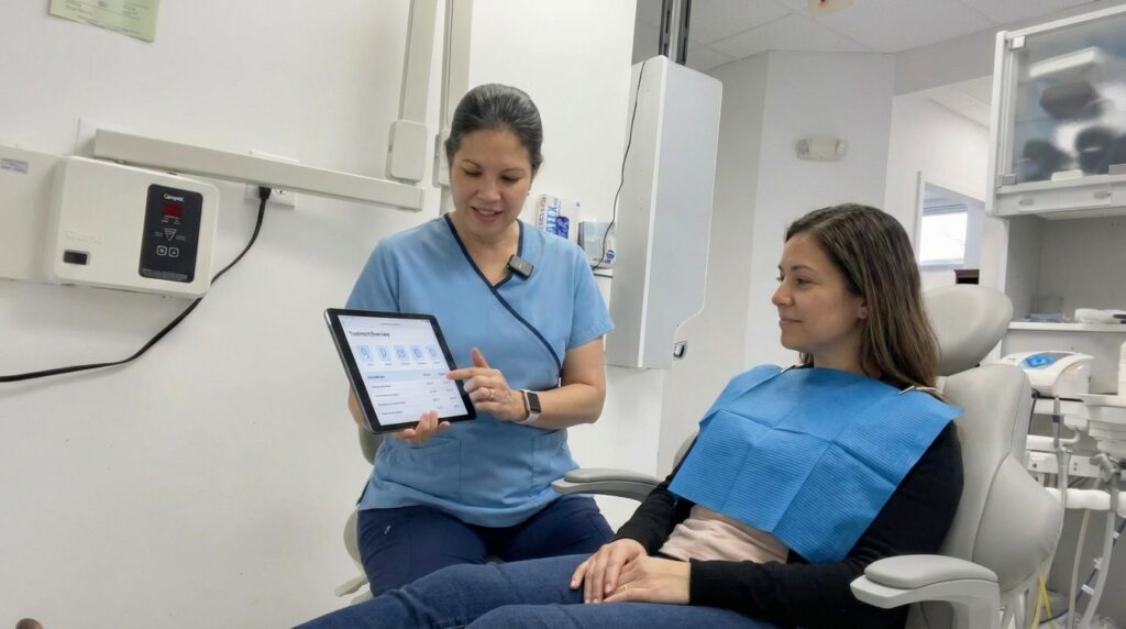 Dentist in Woodbridge VA showing veneers cost estimate on digital tablet