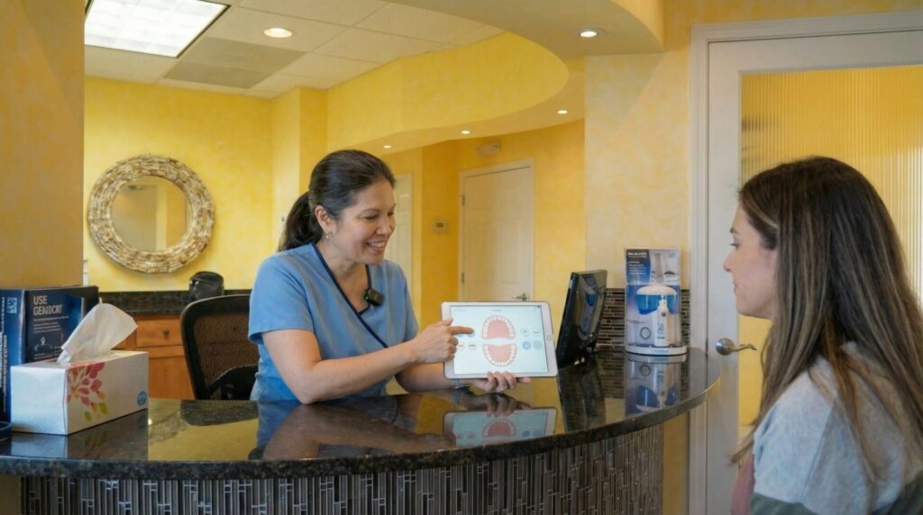 Dentist explaining porcelain veneers extra costs and hidden fees in Woodbridge VA