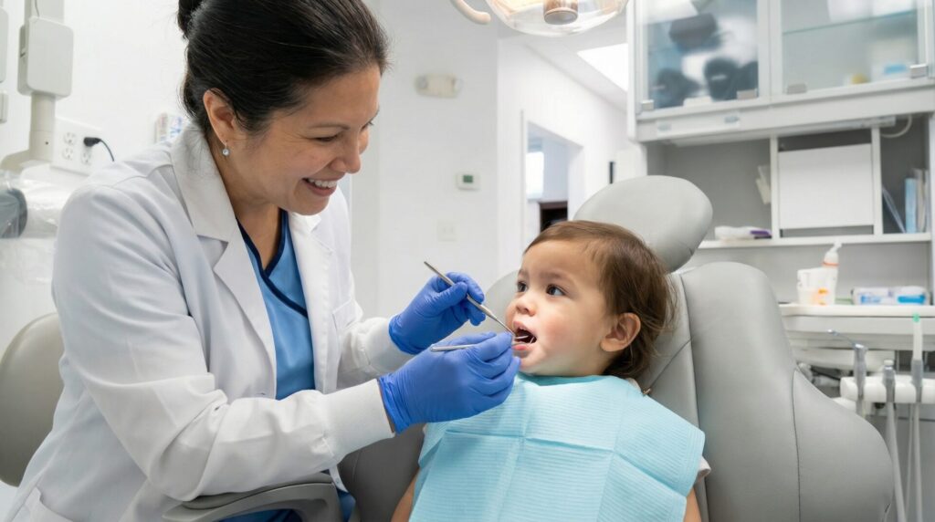Child-friendly dental care during a first dental checkup