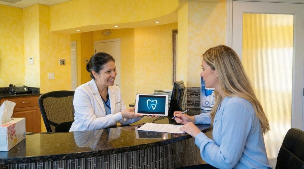 Parent learning about dental insurance for kids braces in Woodbridge VA