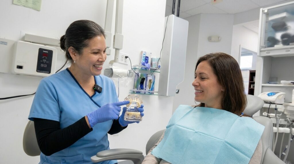 Dentist showing porcelain veneers shells and explaining veneers cost in Woodbridge VA