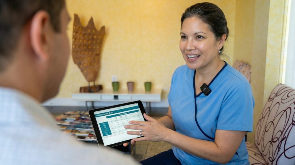 Dentist in Woodbridge VA discussing veneers financing options with patient