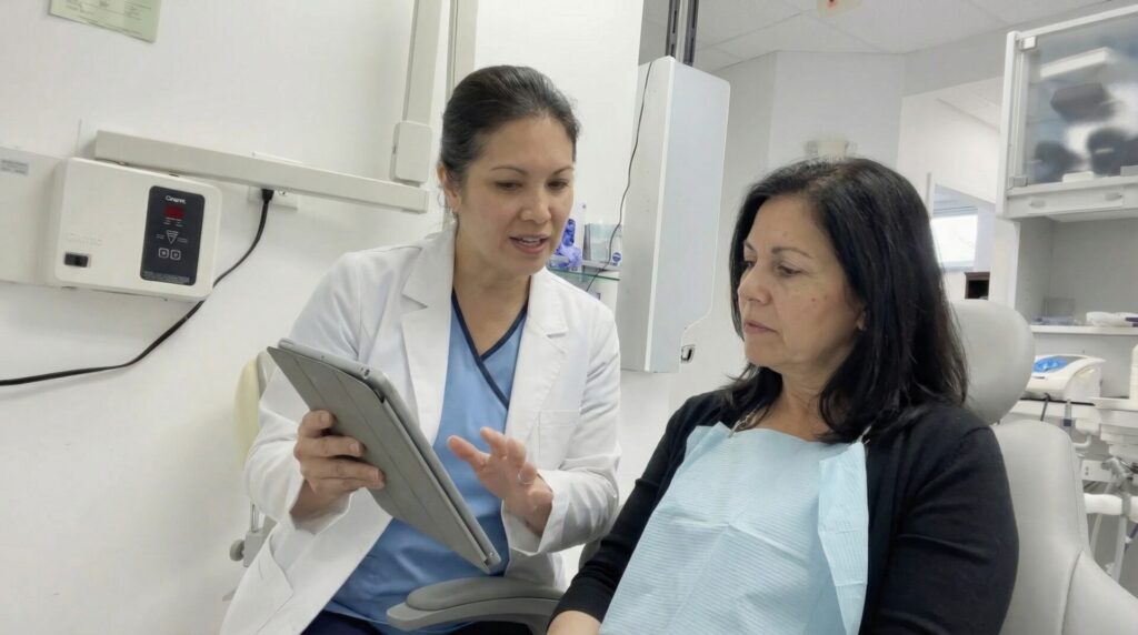 Dentist in Woodbridge VA explaining veneers insurance coverage and support